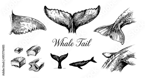 Collection of detailed whale tail illustrations and anatomical sketches