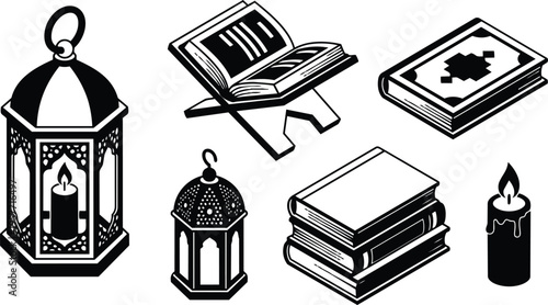 Ramadan lantern quran on rehal open book prayer books stacked and candles vector art
