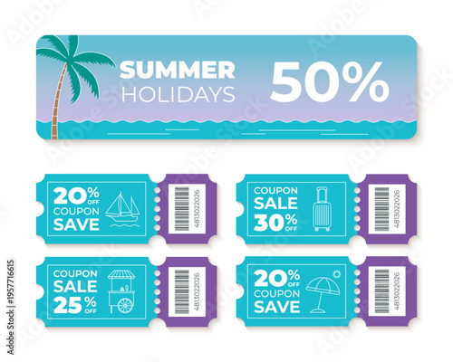 Summer sale coupon set, palm tree beach banner and travel icons in flat vector style. Promotional vouchers with percentage offers, barcode and holiday theme design. Vector illustration.