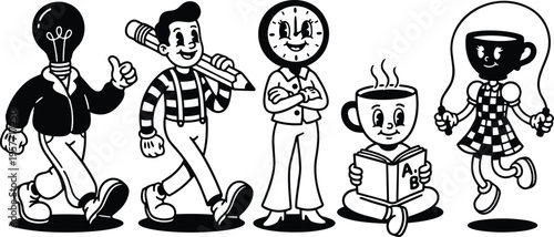 Retro cartoon characters marching and reading with light bulb head and clock face