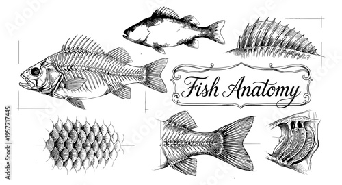 Detailed scientific illustration of fish anatomy and skeletal structure
