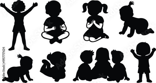 Black silhouettes of children in varied sitting crawling and standing poses
