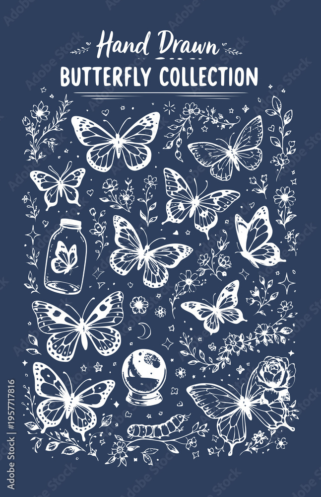 Fototapeta premium Grunge style butterfly collection. doodle set of hand drawn butterflies, vintage set. Vector illustration.