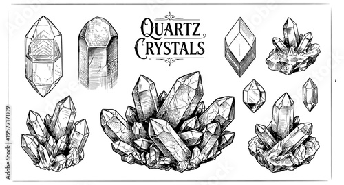 Collection of hand-drawn quartz crystal clusters and formations in black and white