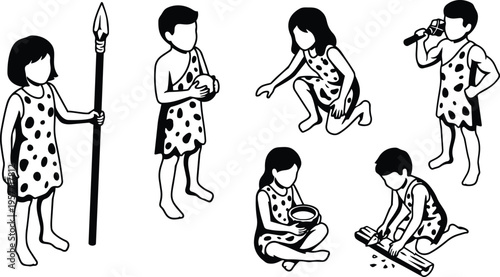 Black and white line art children in spotted tunics holding spear bowl and horn in various poses