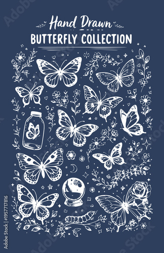 Grunge style butterfly collection. doodle set of hand drawn butterflies, vintage set. Vector illustration.