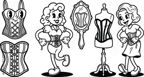 Retro line art smiling women in corsets with mirror and mannequin full body poses