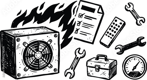 Black and white sketch of computer power supply on fire with checklist wrenches and toolbox