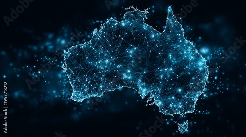 A glowing blue map of Australia made up of sparkling network connections and stars on a dark background