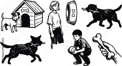 Line art black and white puppy carrying stick near doghouse with boy and girl