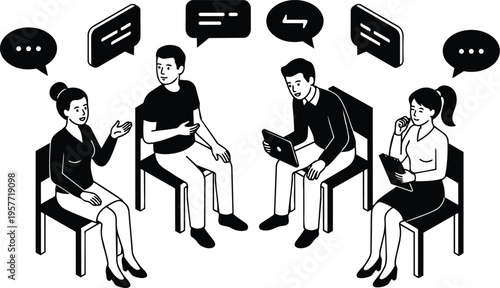 Black and white line art group meeting with four seated participants talking and using tablet