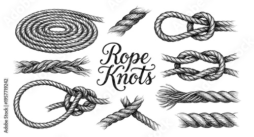 Collection of hand-drawn rope knots and twisted rope illustrations