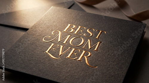 Best mom ever golden text on black card luxury celebration scene