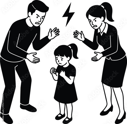 Black and white line art parents scolding small girl with lightning bolt conflict symbol