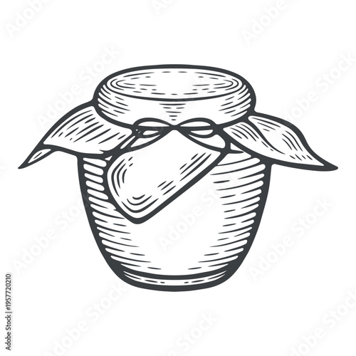 Honey jar, jam, full and sealed, lines, hand-drawn, black and white, graphic illustration, engraving isolated