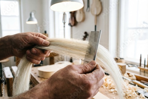Luthier combing white horsehair to prepare a traditional violin bow
