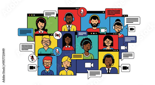 International conference call with diverse people on computer screens online