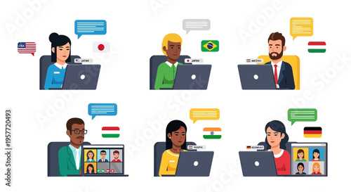 Global team members attend an international conference via video call on laptops