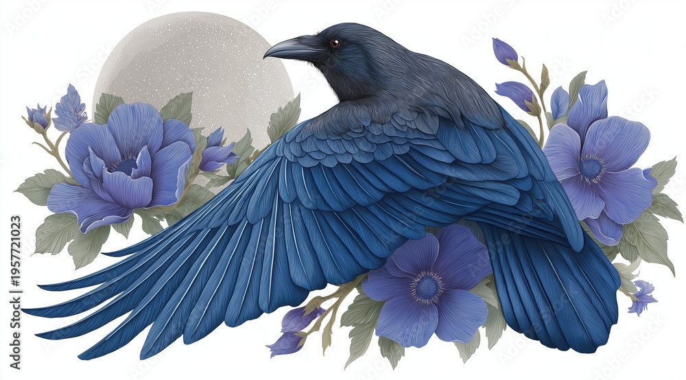Obraz premium Detailed illustration of a black raven with blue feathers and spread wings. Crow bird with blue anemone flowers and large moon. Botanical nature art on white background