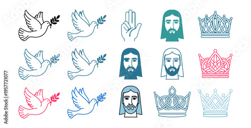 Palm Sunday vector icons sheet doves hands jesus faces crowns religious symbols spring holiday graphics church celebration design asset editable commercial license printable art