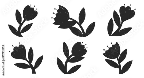 Bold black and white flowers silhouettes with distressed grunge texture.Simple floral elements with crayon rough effect.Monochrome hand drawn botanical set for logos,prints,branding,packaging,patterns