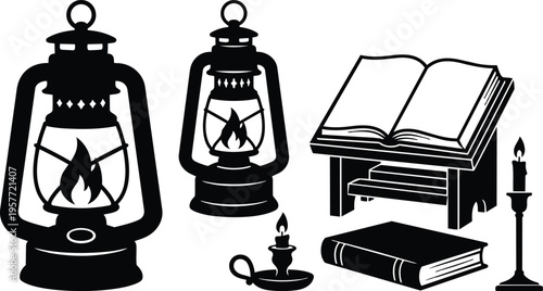 Black and white line art lanterns open book on lectern with candle and closed book