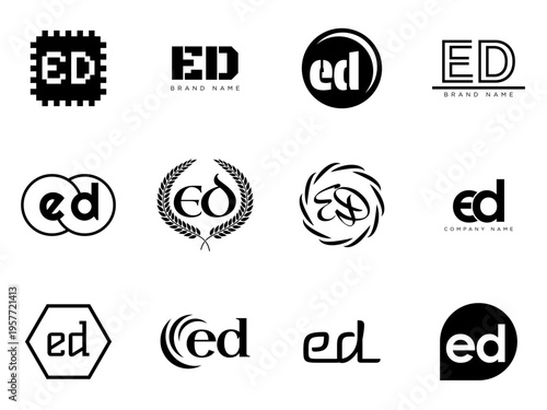 ED logo company template. Letter e and d logotype. Set different classic serif lettering and modern bold text with design elements. Initial font typography.