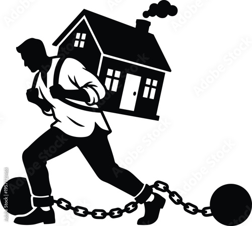 Black and white silhouette man carrying a house with ball and chain