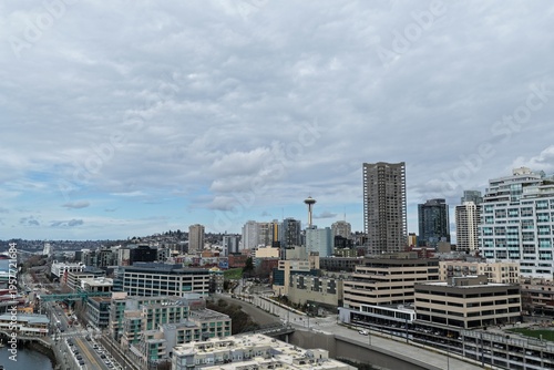 Aerial view of Seattle city skyline and Space Needle in Washington state.