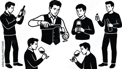 Line art wine tasting men pouring and sipping from glasses with cork and bottle details