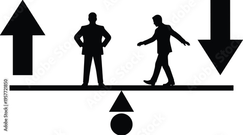 Business silhouettes balancing on seesaw with up arrow and down arrow black and white vector