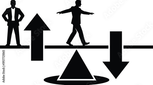 Silhouette businessman walking on seesaw plank between up arrow and down arrow