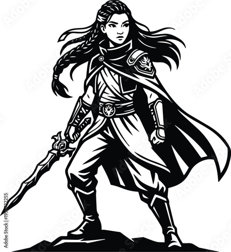 Black and white line art female warrior with braided hair holding ornate sword standing on rock
