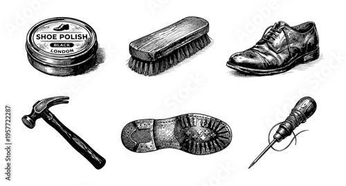 Collection of vintage shoe care and repair tools and supplies
