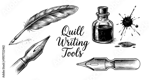 Vintage quill pen, ink bottle, and nibs illustration for historical writing