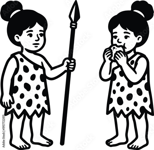 Two cave girls in spotted dresses one holding spear and one eating fruit black and white line art