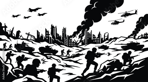 Silhouette soldiers advancing across ruined city with tanks helicopters and jets in black and white