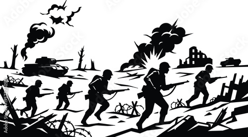 Black and white silhouette soldiers charging across battlefield with tanks and explosions vector art