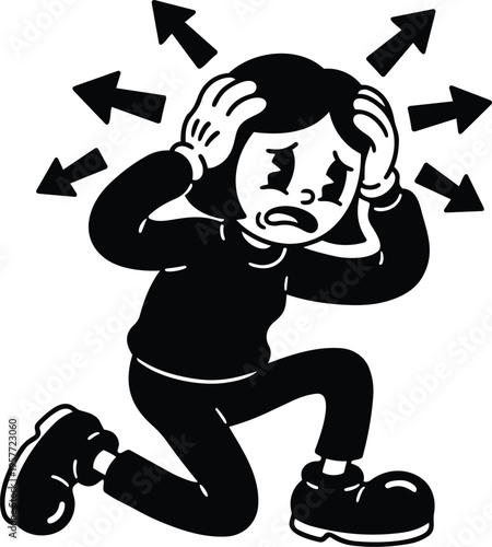 Stressed person clutching head with outward arrows retro line art black and white