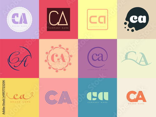 CA logo company template. Letter c and a logotype. Set different classic serif lettering and modern bold text with design elements. Initial font typography.