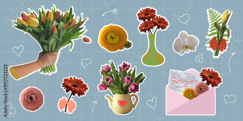 Flower scrapbook elements sticker set with tulips, gerbera, orchid, bouquet and envelope compositions. Cute floral collage collection for greeting card design, printable templates, social media posts 