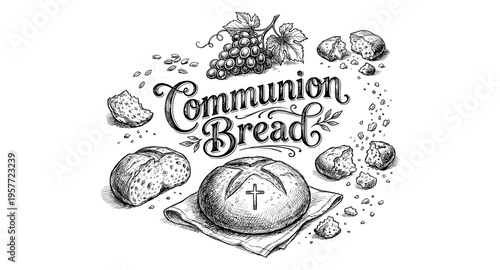 Sacred communion bread and grapes illustration for religious ceremonies