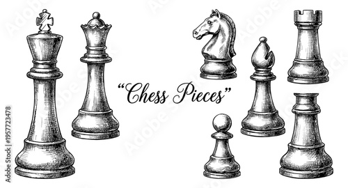 Collection of classic chess pieces in a detailed sketch style on a white background