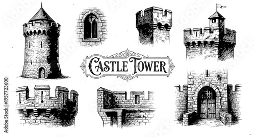 Collection of detailed hand-drawn castle towers and architectural elements