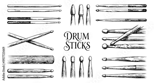 Collection of various drumsticks in a detailed black and white sketch style