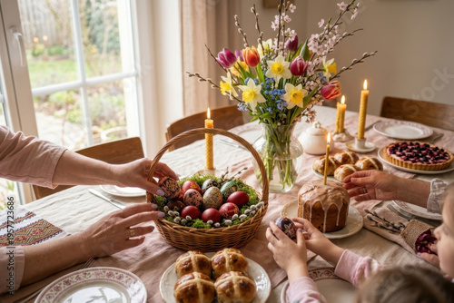 Festive Easter dining table with decorated eggs, candles, spring flowers, and homemade desserts, family hands reaching in, natural window light, cozy and authentic lifestyle