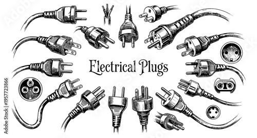 Collection of various electrical plugs and sockets in a detailed sketch style