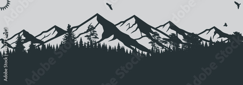 Mountain landscape silhouette with forest and birds panoramic nature background vintage style