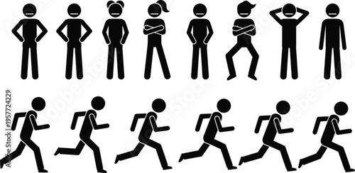 Web"Set of black stick figure silhouettes showing casual standing poses and dynamic running motion, vector illustration for animation, design, and expressive human body language graphics"