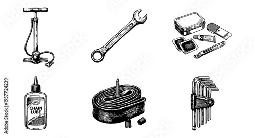 Collection of bicycle repair tools and maintenance supplies for cycling